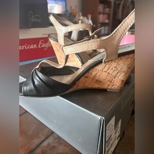 Luca Ferri Black and Cream Wedge Sandals